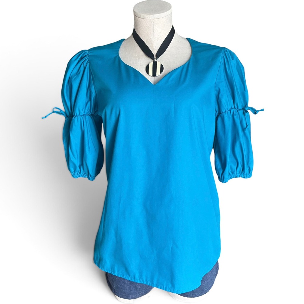 Vintage 70s Peasant Blouse Blue Poet Sleeve Boho Top Medium